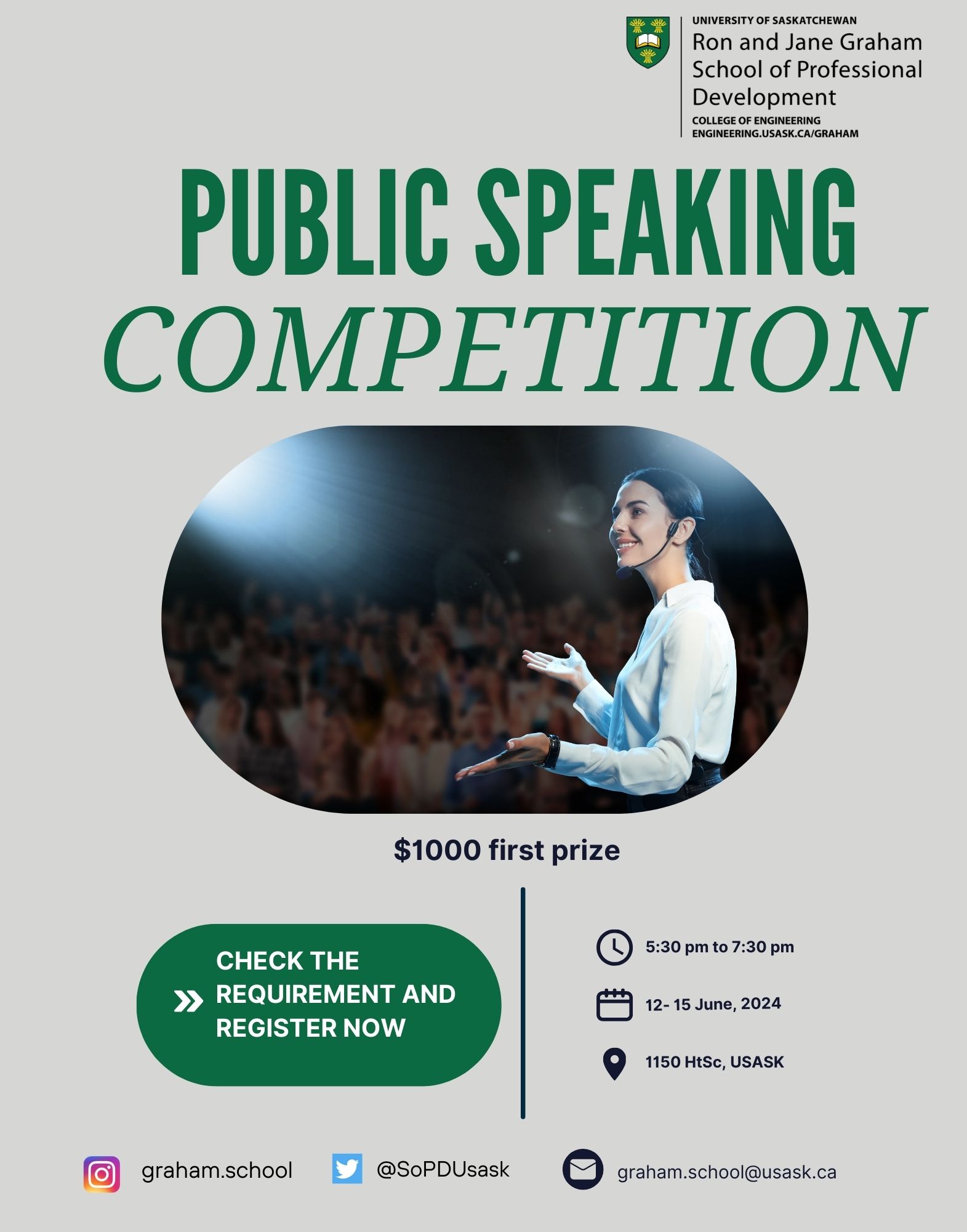 Poster depicts a student with a microphone speaking, and includes details for the event (Date, location, and other information in text above poster image)