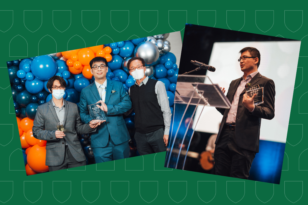 (Left-hand image) Students Riel Castro-Zunti (left) and Yi Wang worked on the initiative led by Prof. Seok-Bum Ko (right), which was recognized with the STIC Project Award. (Right-hand image) A project led by Assistant Prof. Tate Cao won the STIC Outstanding Initiative Award.
