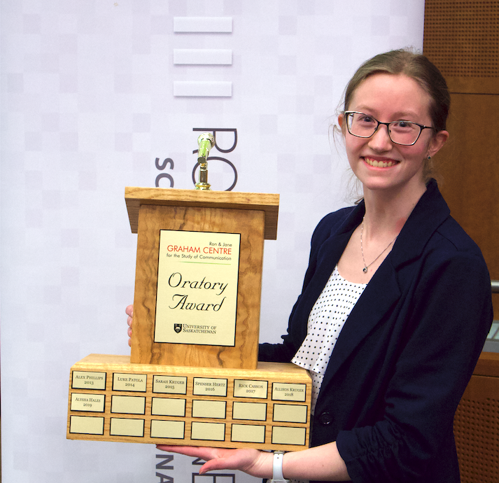 Kaitlyn Olmsted after winning the SOPD public speaking competition.  (Photo courtesy SOPD)