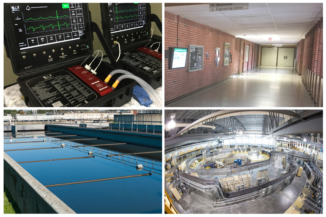 Images highlighting key moments of the past year at USask Engineering: (clockwise from top left)  made-in-Saskatchewan ventilators, a quiet building in April 2020, COVID-19 wastewater surveillance in Saskatoon, and research at the Canadian Lightsource to develop an air filter that deactivates the COVID-19 virus