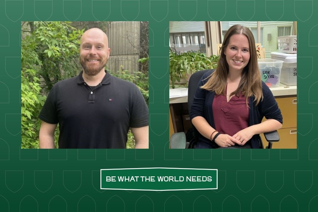 Separate photos of Reisha Peters and Joel Frey on a green background.